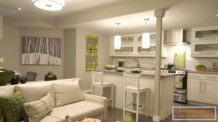 Interesante diseño de un espacioso estudio de cocina en tonos gris claro. Es de destacar que la barra separa la habitación en dos zonas.
