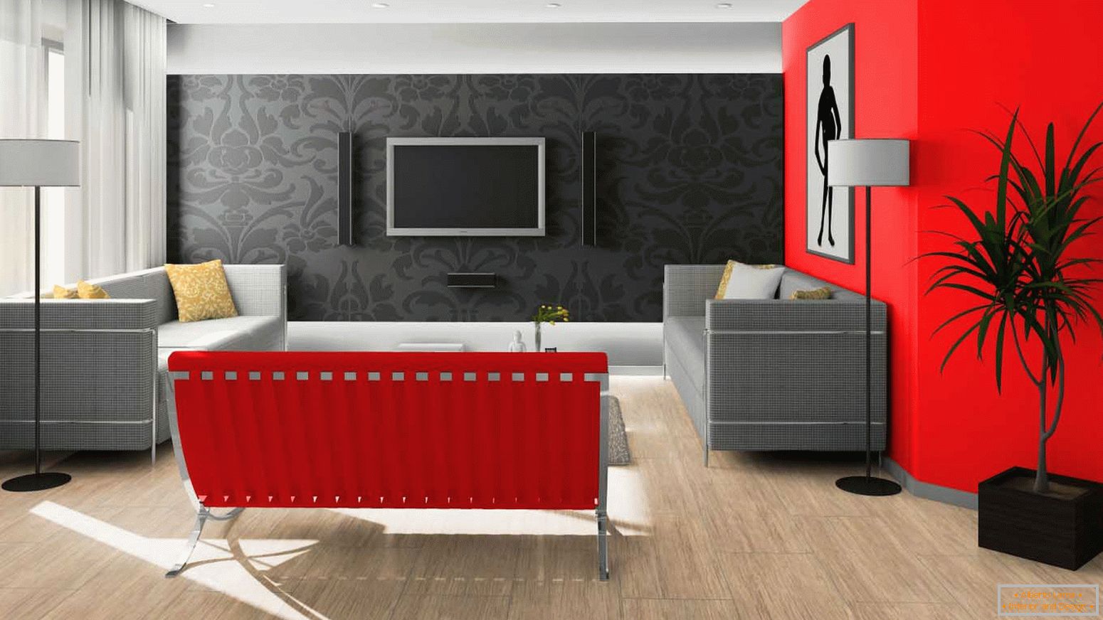 Negro y rojo en el diseño de la sala de estar