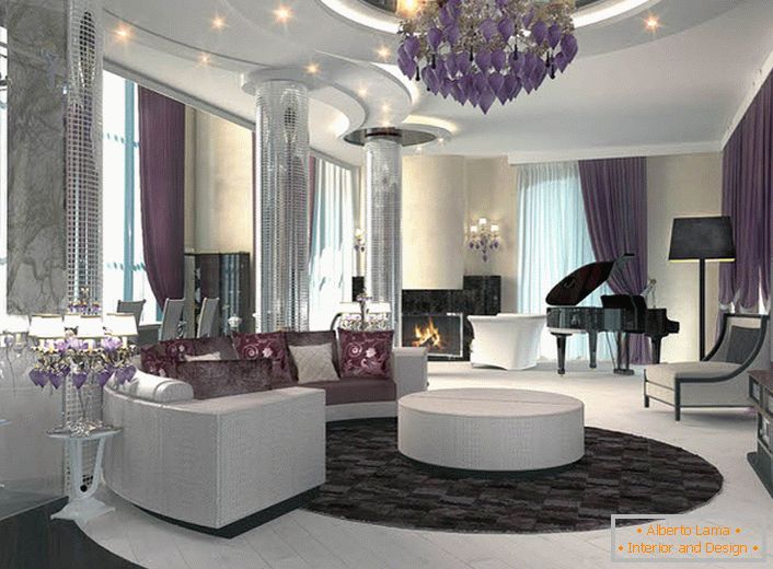 El techo de múltiples niveles con iluminación de puntos complementa la composición de estilo Art Deco en general en la que está hecha la sala de estar. 