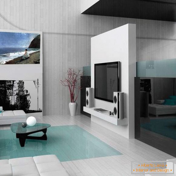 Una pequeña sala de estar en un apartamento de estilo high-tech - foto interior
