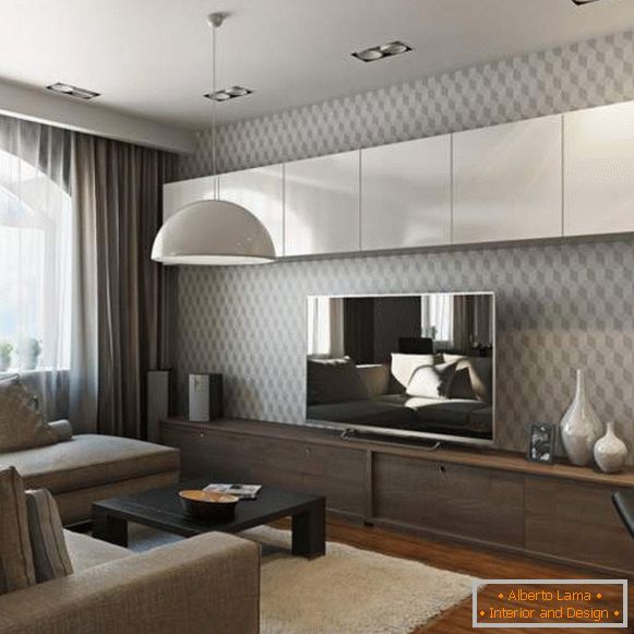 El diseño de la sala en un apartamento en un estilo moderno - una foto en tonos neutros