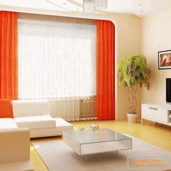 El diseño de la sala en un apartamento en blanco con una decoración de color naranja
