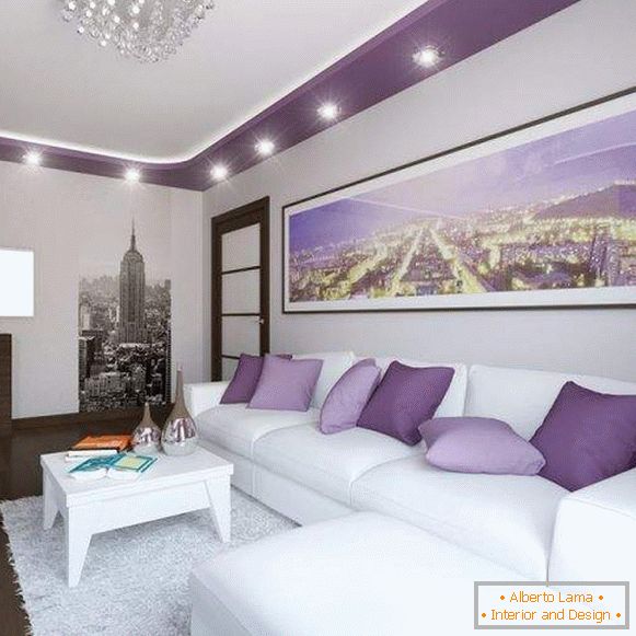 Diseño moderno de la sala en el departamento в белом и фиолетовом цвете
