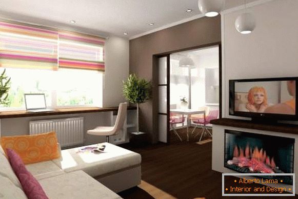 El diseño de la sala en el apartamento con chimenea y una vista de la cocina