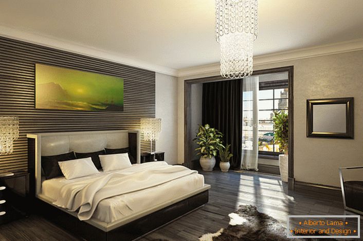 Elegante y lujoso de un dormitorio elegante en el estilo Art Deco. El contraste clásico de blanco y negro es ideal para esta dirección estilística. 