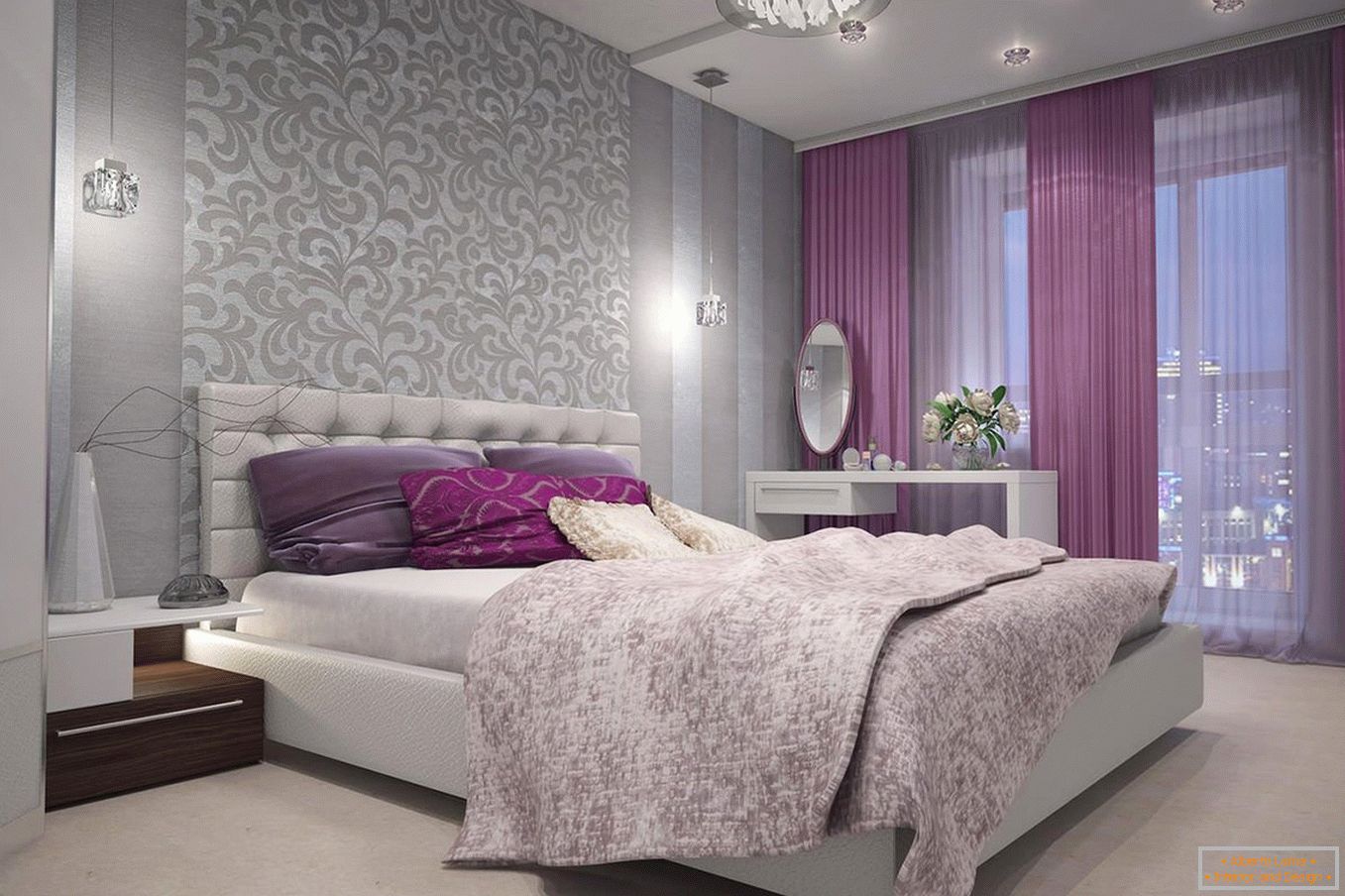 Cortinas violetas en el dormitorio