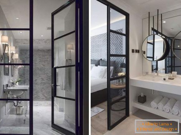 Elegantes puertas de vidrio para baño en marco negro de metal
