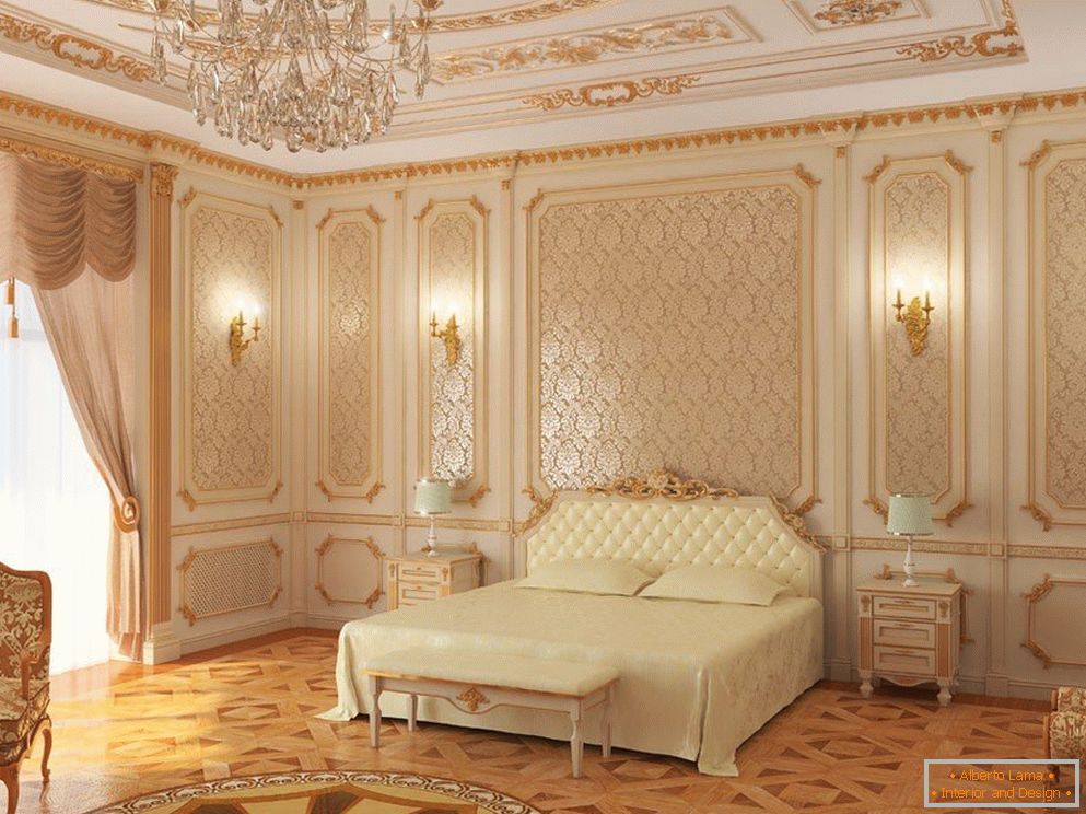 Techo blanco y paredes de dormitorio con patrones dorados