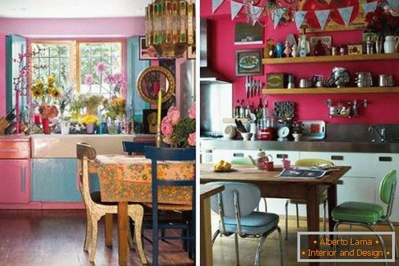 Cocina de color rosa oscuro en el estilo de boho - photo