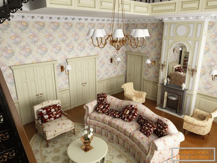 Sala de estar en estilo rústico en el primer piso de una casa grande en los suburbios. De acuerdo con el estilo, los muebles suaves se seleccionan de una tela con un diseño floral.