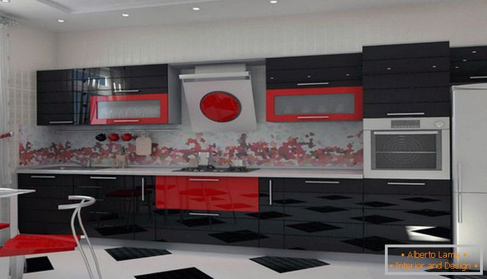 La combinación de rojo intenso y negro de contraste es ideal para decorar la cocina en el estilo Art Nouveau.