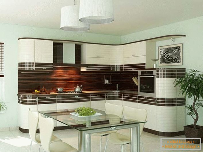 El juego de cocina para la cocina en estilo Art Nouveau tiene forma de L, ideal para cocinas pequeñas. La apariencia exquisita del interior se combina ventajosamente con su funcionalidad.
