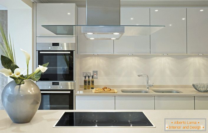 Las superficies brillantes se pueden utilizar para decorar la cocina en el estilo Art Nouveau. El proyecto de diseño es interesante combinación audaz de gris y blanco, que no es peculiar del estilo moderno.