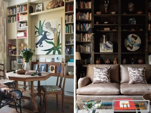Estantes con libros y decoración en el diseño de la sala de estar