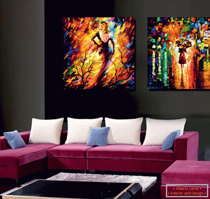 Las pinturas modulares imitan la pintura al óleo. Los colores brillantes y jugosos diluyen el diseño de la habitación, la hacen inusual y exclusiva. 