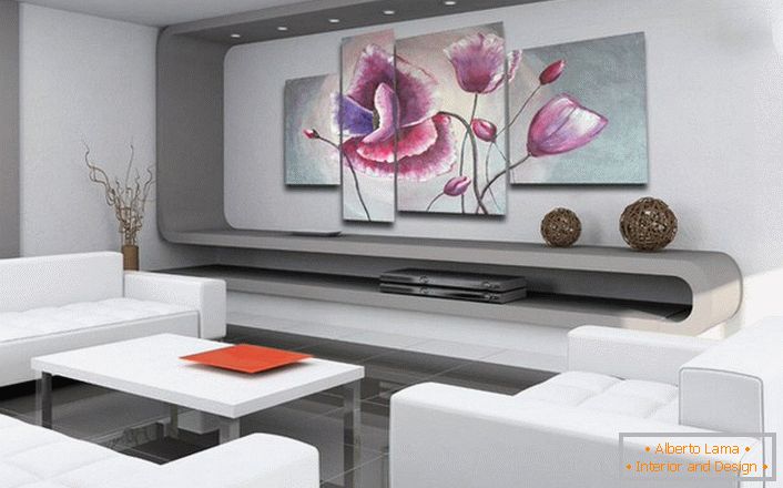 Un buen ejemplo de diseño de interiores en el estilo de alta tecnología con el uso de pinturas modulares. 