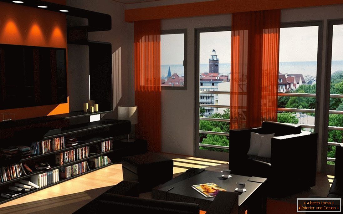 Muebles oscuros y cortinas naranjas en la sala de estar