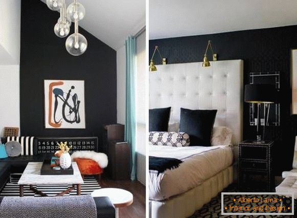 Hermosos interiores con papel pintado negro en las paredes