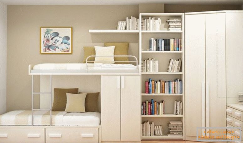 blanco-madera-litera-con-almacenamiento-también-cajones-combinados-con-libros-estantes-y-esquina-armario-en-la-esquina-de-crema-pared-habitación