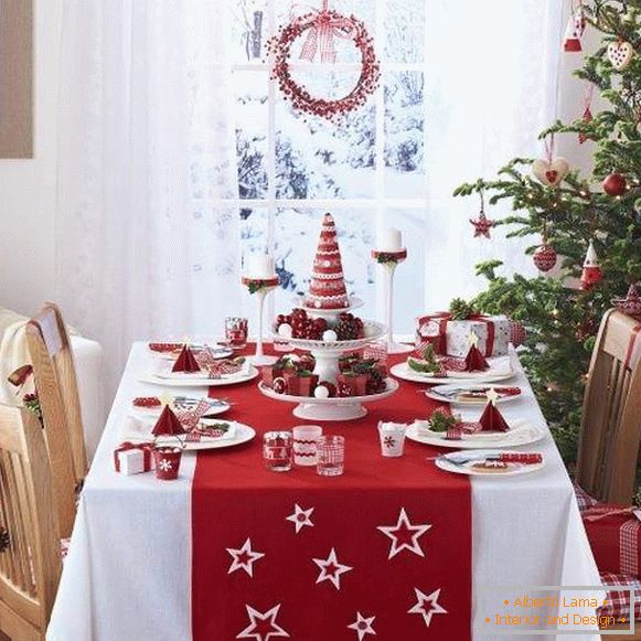 Decoración de la mesa de Año Nuevo con sus propias manos en colores rojo y blanco