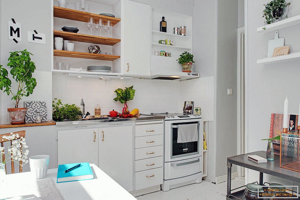 Interior de una pequeña cocina en color blanco