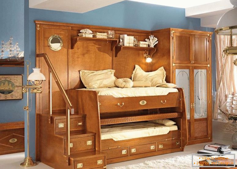 awesome-kids-boy-bedroom-furniture-design-showing-unique-brown-oak-literas-beds-with-combined-tall-wardrobe-and-some-drawers-plus-stainless-steel-handrail-stairs
