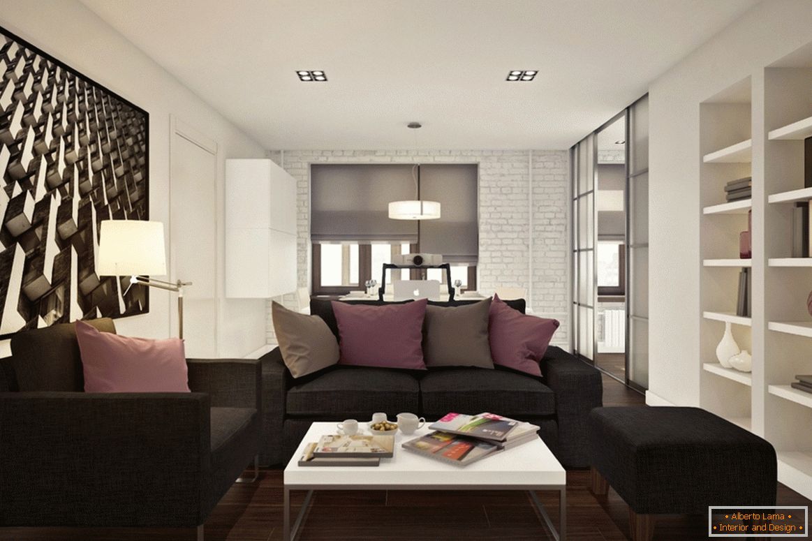 Diseño de un pequeño apartamento tipo estudio con detalles en color lila