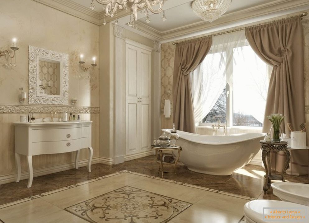 Ventana con cortinas en el baño en un estilo clásico