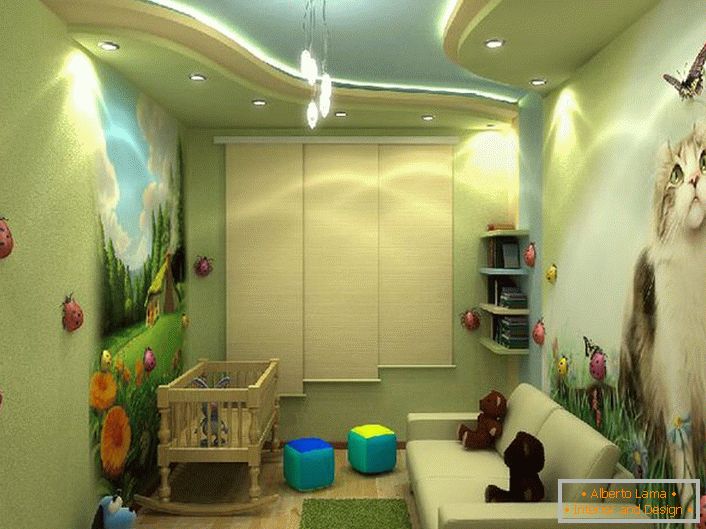 Diseño brillante de una habitación infantil con dibujos coloridos como un niño y una niña. 