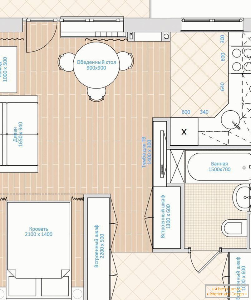 El diseño de un apartamento de una habitación de 33 metros cuadrados