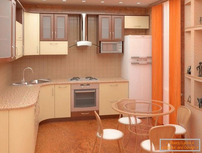 Colocación de muebles ergonómicos en la cocina de 11 m2. metros. Todo es suficiente con moderación, las dimensiones de los auriculares son proporcionales al tamaño de la habitación.