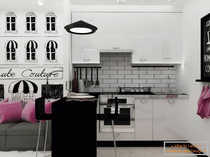 Área de cocina en blanco y negro