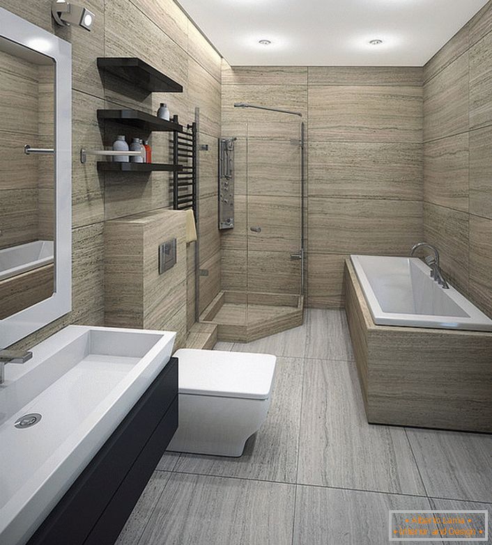 Un amplio baño minimalista es adecuado para los amantes de la ducha y para aquellos que prefieren bañarse.