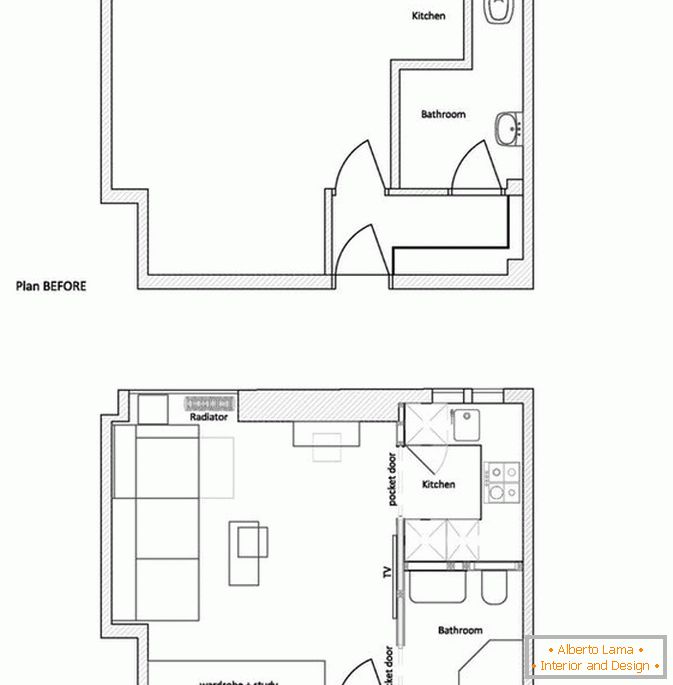 Plan de un apartamento pequeño antes y después de la reparación