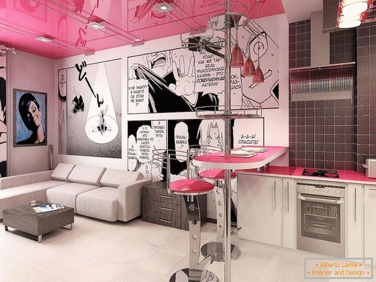 Techo rosado en el interior en el estilo del arte pop