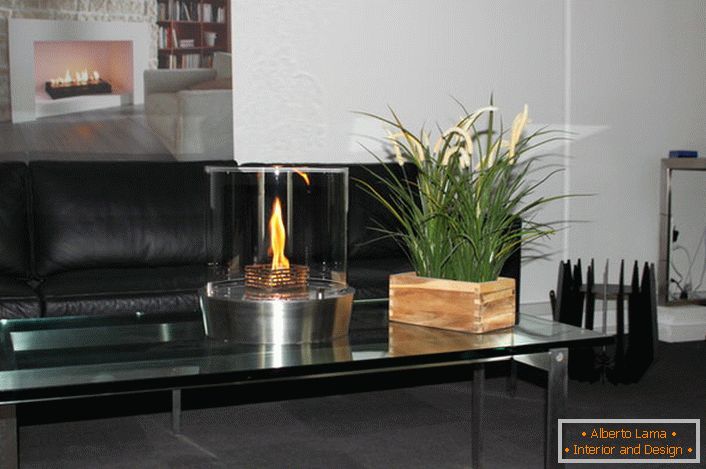 Elemento decorativo de la sala de estar es un elegante escritorio bio chimenea.