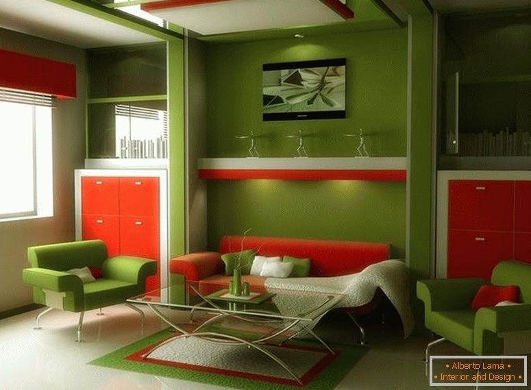 Interior verde con muebles de color naranja
