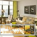 Sala de estar en tonos verdes y marrones