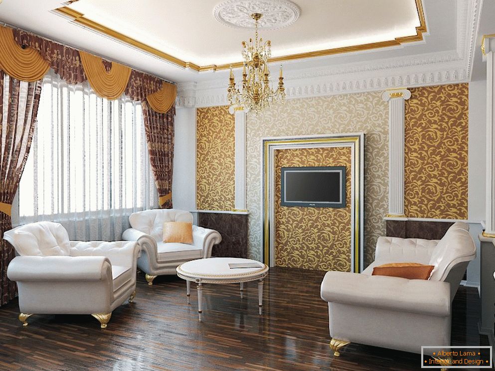 Tonos de oro y blanco en el interior de la sala de estar