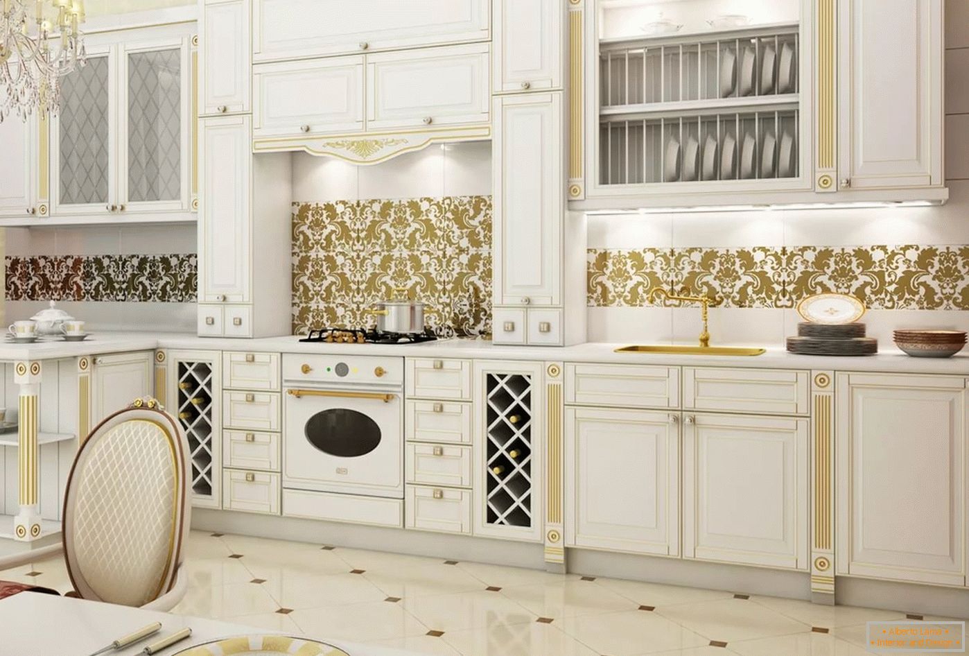 Blanco y dorado en el interior y diseño de la cocina